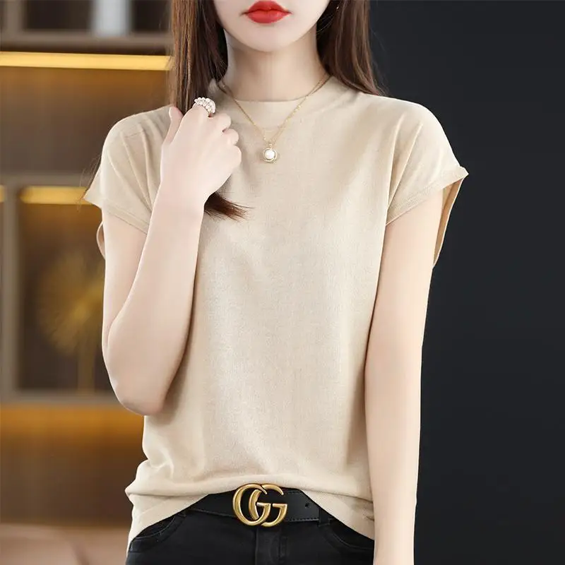 Koreon Fashion Women Clothing Knitted T-shirt Summer New Short Sleeve Vintage Pulover Tees Solid Bottoming Casual Versatile Tops