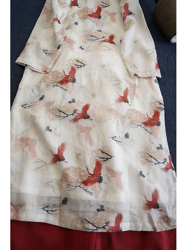 Retro chinês sle floral impressão dr feminino verão vento gola inclinada botão dupla camada saia melhorada