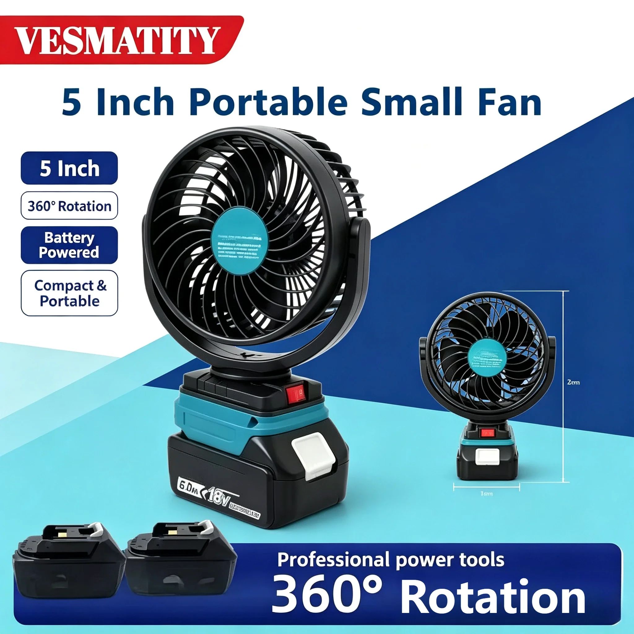 Cordless Portable Fan With USB Charging Port Adjustable Tilt Mini Air Fan Camping Indoor Outdoor Jobsite For 18V-20V Battery