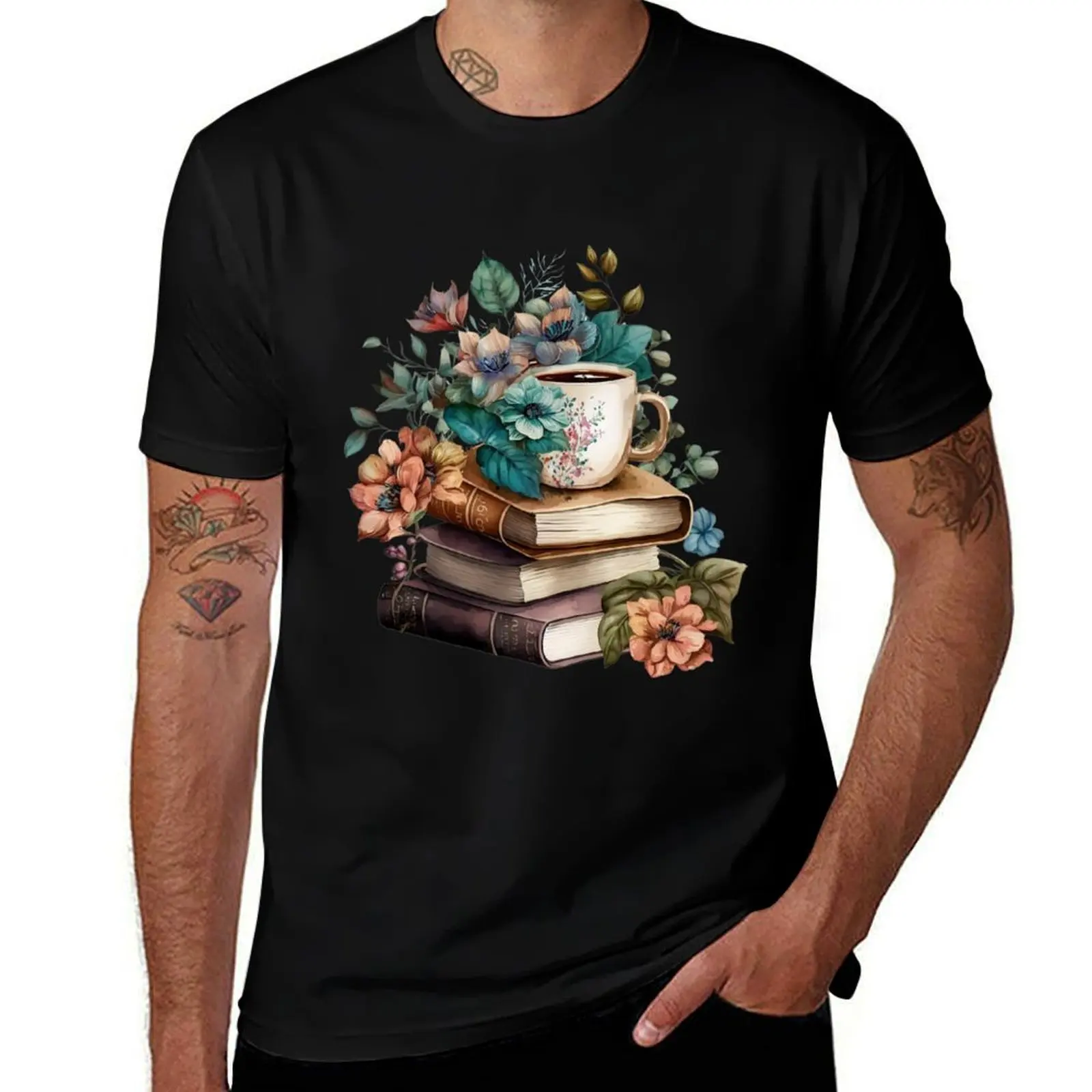 

Floral books and a cup of coffee T-Shirt t shirts designer t shirt man casual T-Shirt