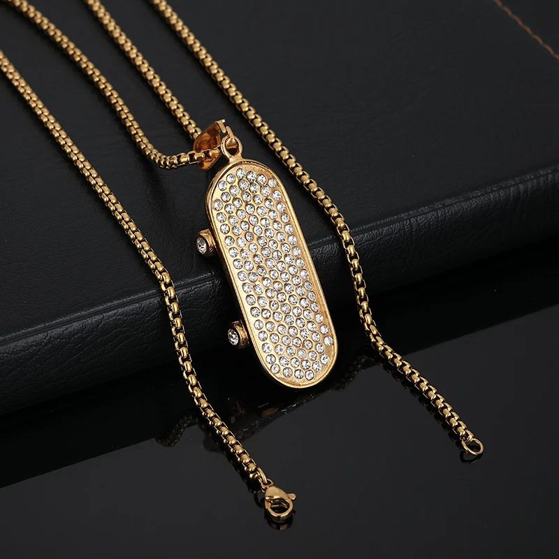 Hip Hop Bling Iced Out Stainless Steel Skateboard Pendants Necklace for Men Rapper Jewelry Gold Color