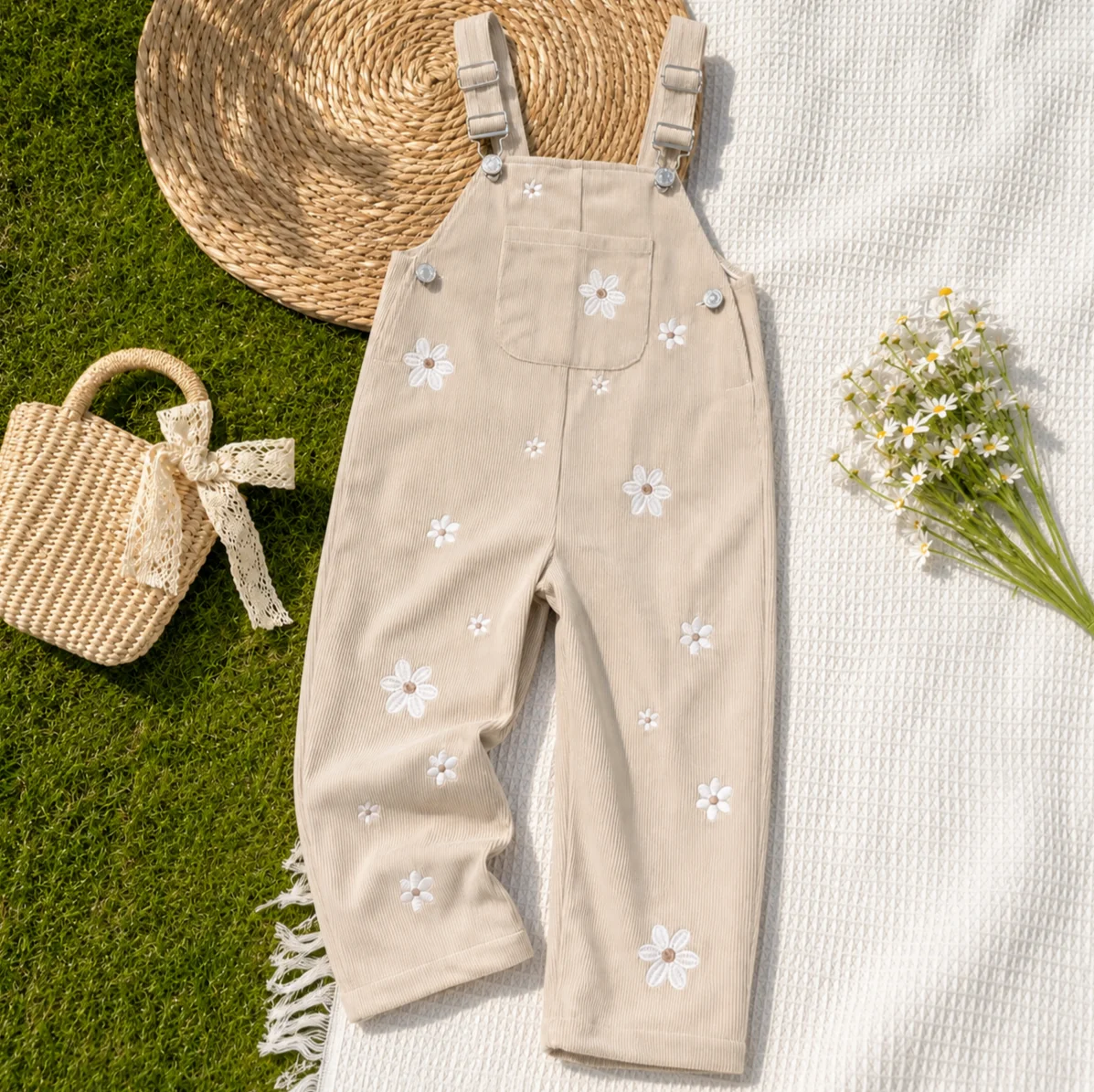 Baby Girl Corduroy Overalls Daisy Floral Embroidery Adjustable Strap Toddler Spring Autumn Suspender Jumpsuit Kids Casual Pants