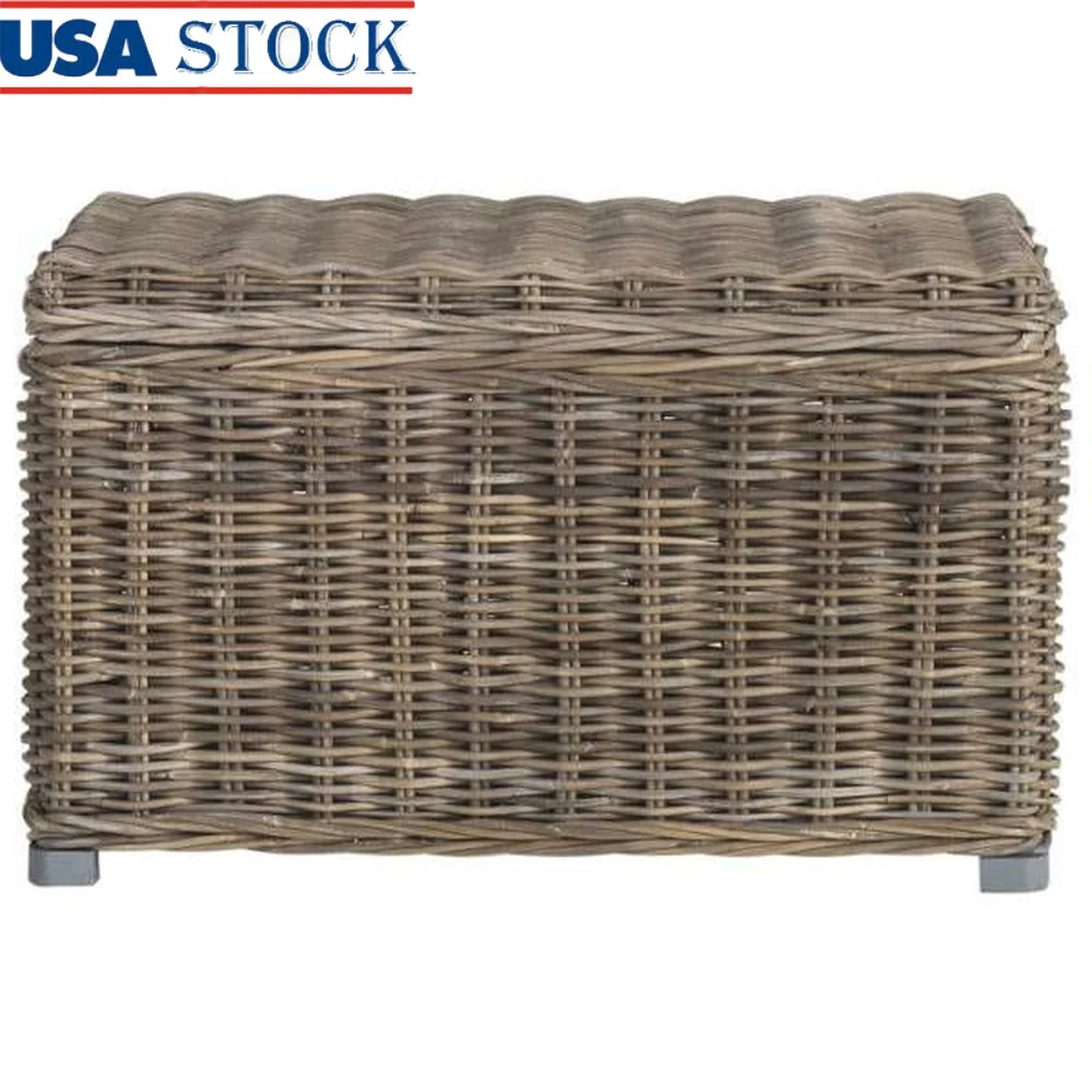 

Vintage Inspired Wicker Storage Trunk Natural Rattan Mahogany Handles Rustic Coastal Organizer Bedroom Living Room Decor