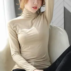 Women's Monochromatic Turtleneck Long Sleeve T-Shirt, Elegant Slim Top, All-Match Tee, Simplicity Fashion Trend, Autumn