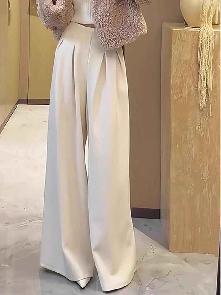 New European Retro High-end Pleated High-waisted and Thin, Super Good-looking White Drape Floor Pants for Women XJ118