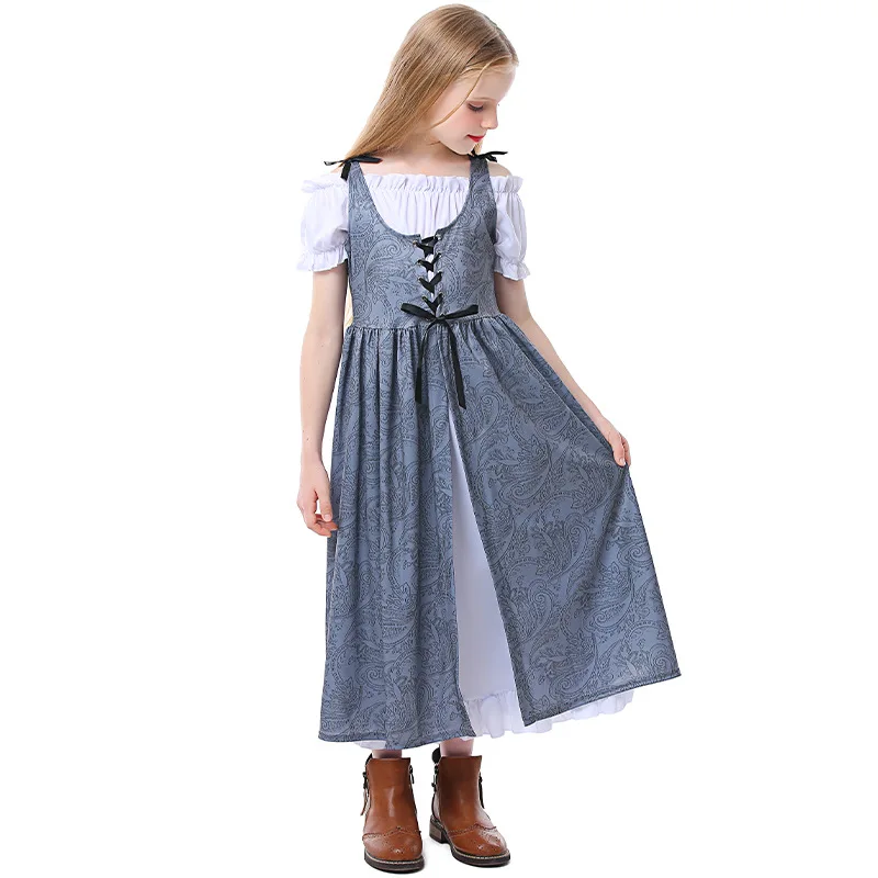 

Grey Printed Lace-Up Dress Court Elegant Victorian Dresses Girl Short Sleeve Robe Gown Halloween Cosplay Fancy Party Costume