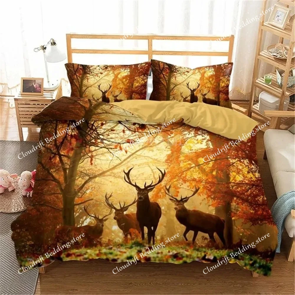 

2024 Deer and Forest Print Microfiber Duvet Cover Set Bedding Christmas Gift Duvet Cover Bed Set Quilt Cover Pillowcase
