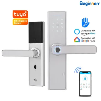 Silver ttlock tuya wifi smart door lock euro 5050 72mm 85mm mortise fingerprint IC card pin codes electronic digital door lock