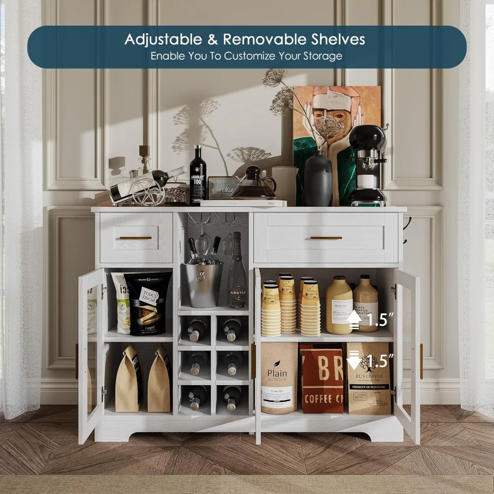 ANCTOR خزانة بوفيه جانبية حديثة مع خزانة بار النبيذ للتخزين رفوف مخرج طاقة مدمجة أبواب زجاجية خزانة جانبية للمطبخ B