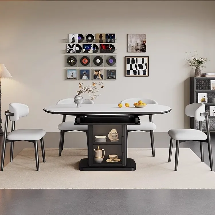 rock slab dining table retractable small apartment black solid wood square and round dual-purpose hidden induction cooker