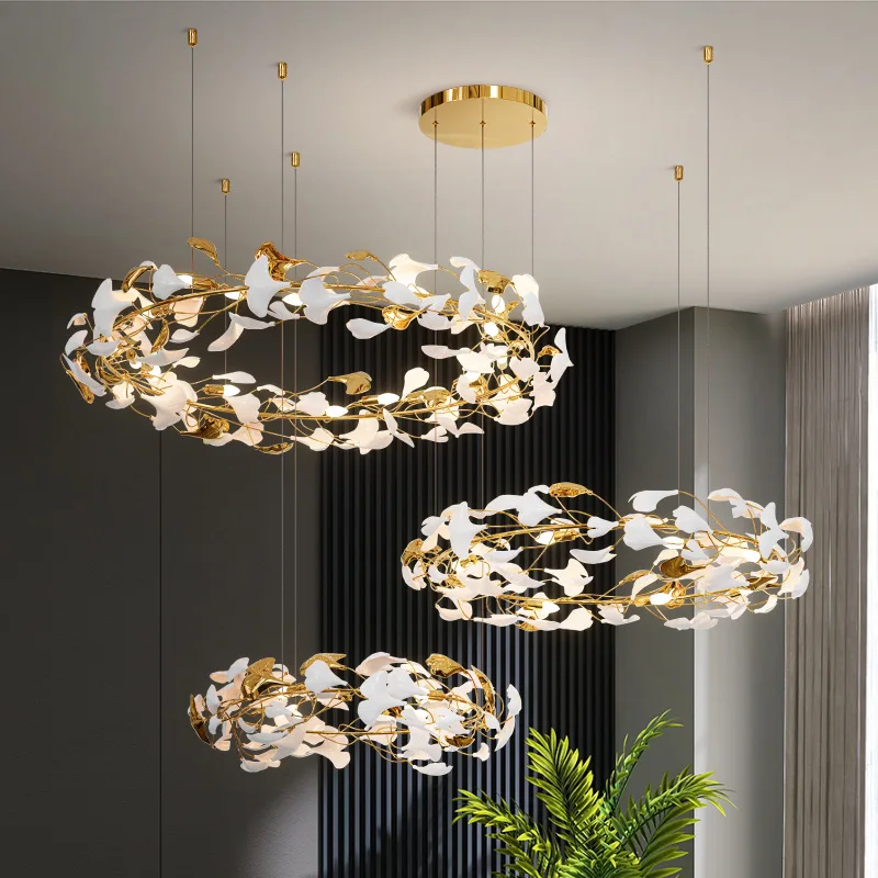 Modern LED Chandeliers for Living Room Ceramic Petals Pendant Hanging Lighting Fixtures Home Decor Gold Ring Design Lustre Lamp