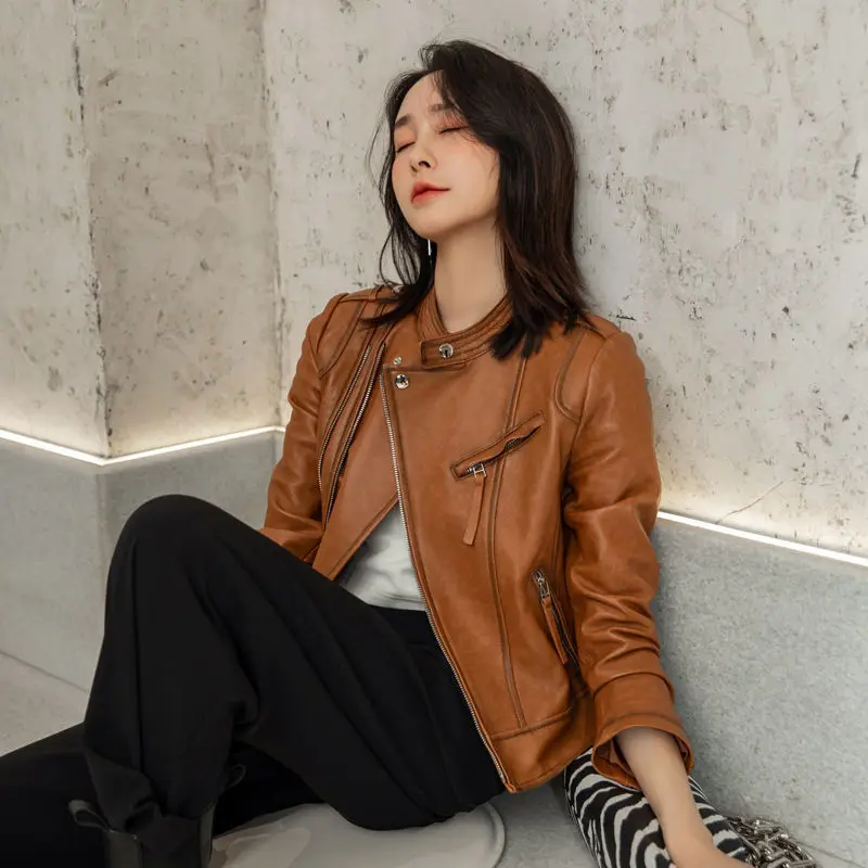 New Leather Jacket Stand Collar Short Korean Slim Fit Leather Coat Women's Wear