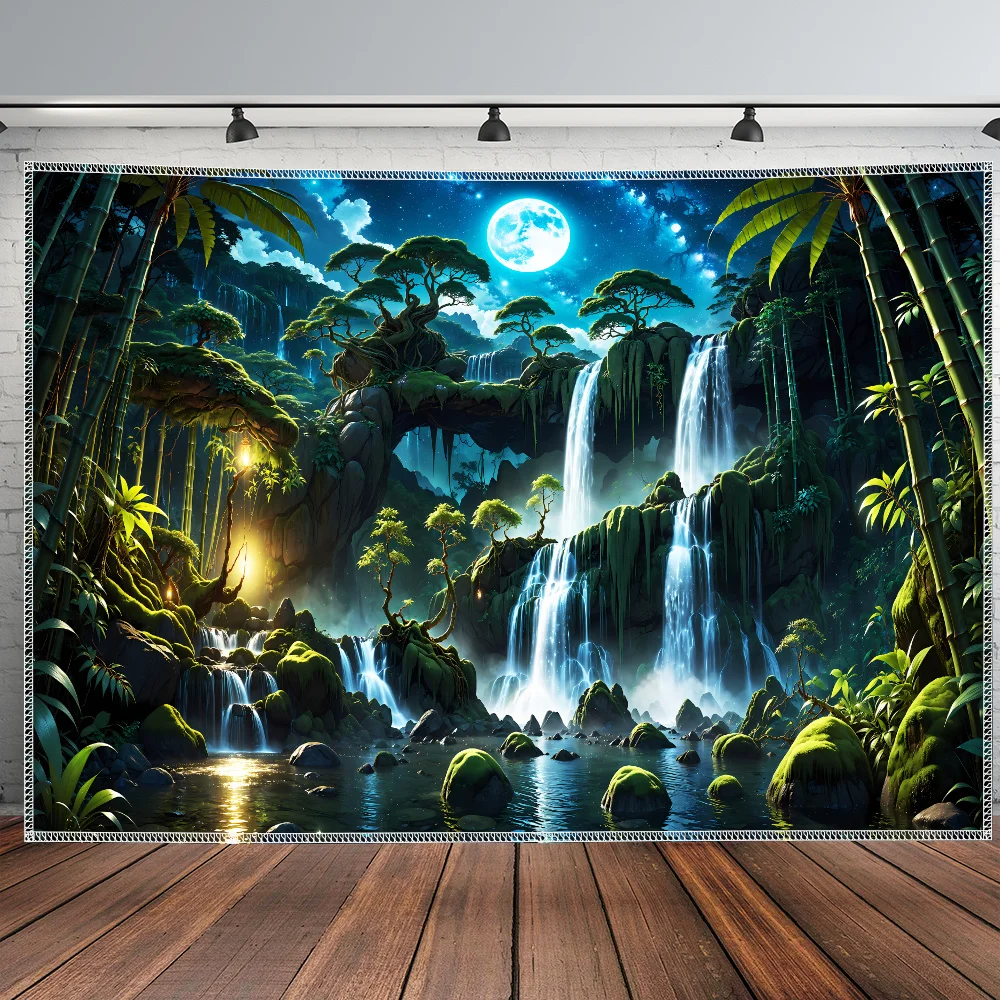 Tranquil Forest Waterfall & Moon Tapestry, HD Digital Print Nature Landscape Wall Decor for Living Room and Party Backdrop