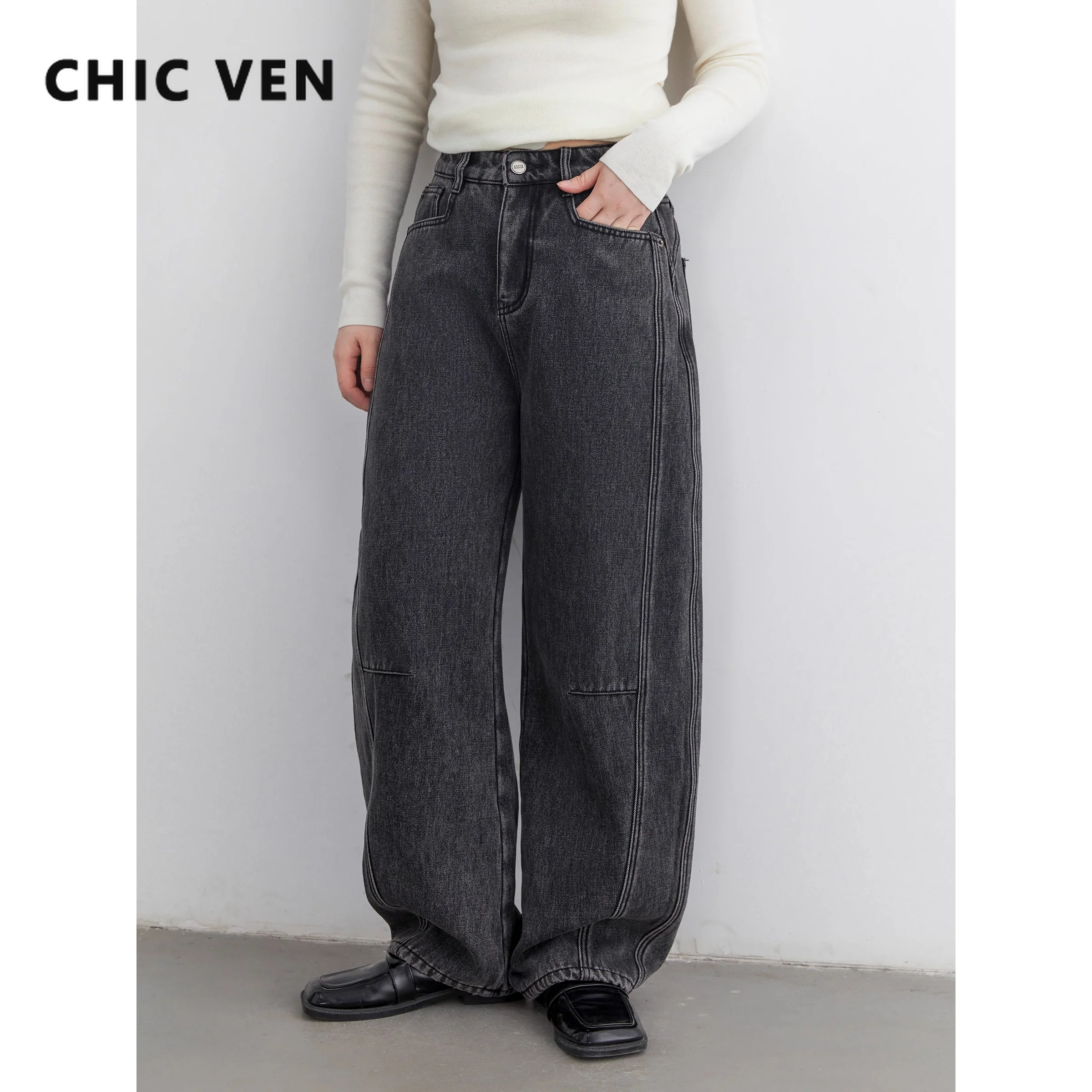 Chique ven calças de brim femininas soltas casuais retro divisão emenda feminina perna larga pelúcia quente calças jeans senhoras outono inverno 2025