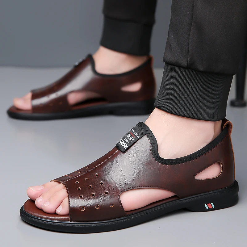 

Sandals for Men Brand Casual Leather Sandals Fashion Outdoor Roman Sandal 2025New Comfort Flat Sandals Open-toed Beach Sandalias