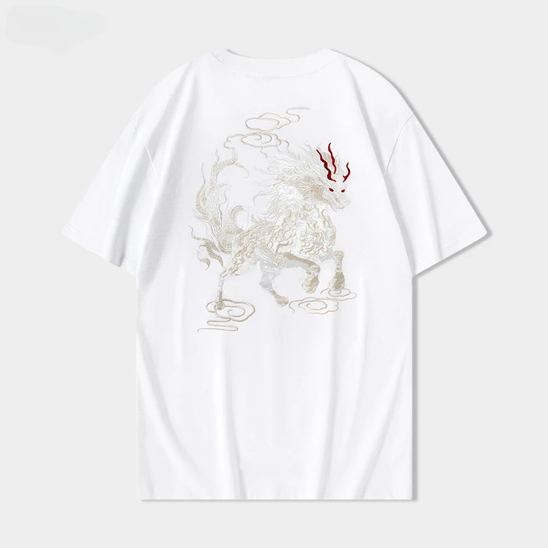 Men T Shirt Embroidery Cotton Animal T Shirt Harajuku Chinese Kylin Fashion Short Sleeve Tees Loose Cool O Neck Summer Top Male