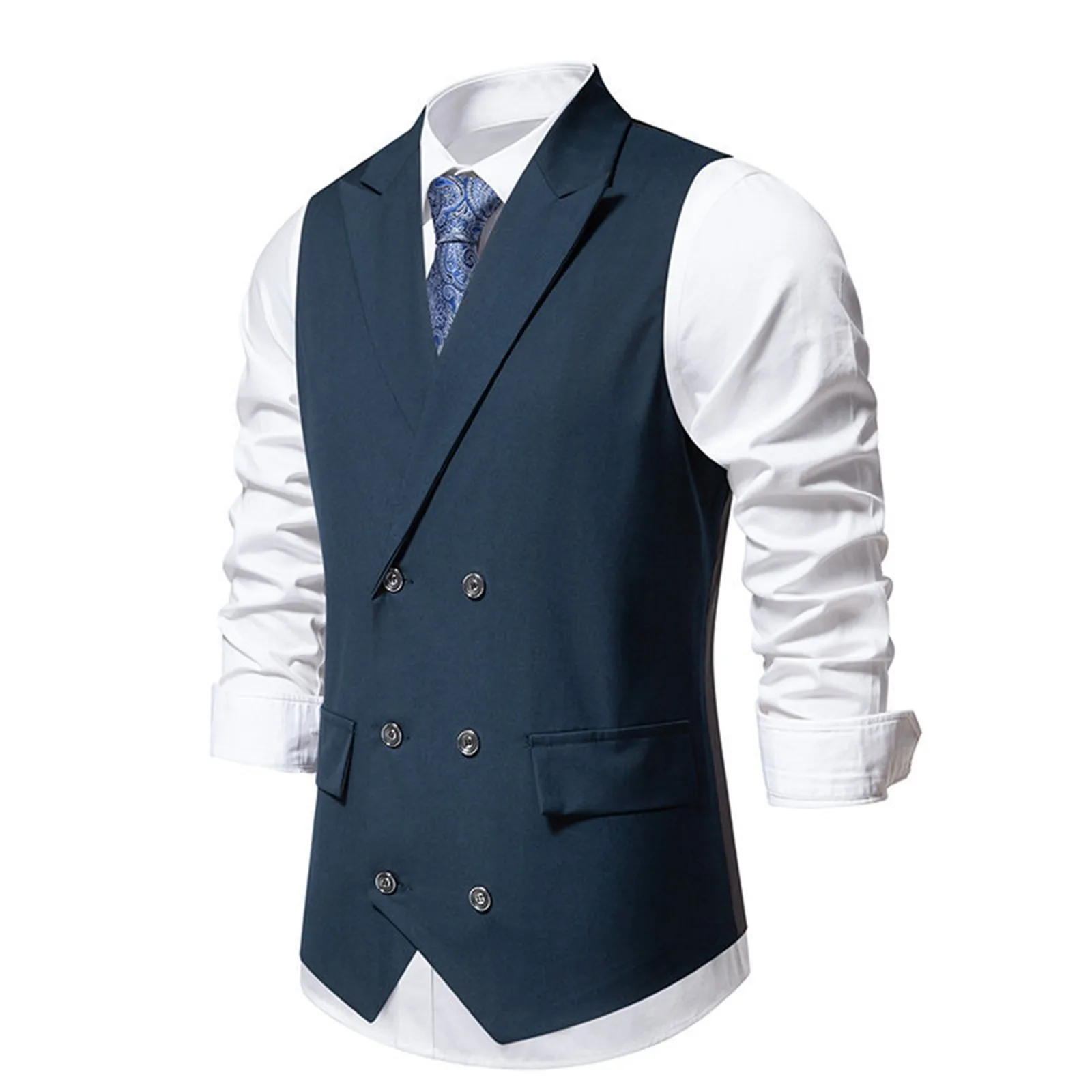 Men Suit Vest Lapel British Gentleman Double Breasted Waistcoat Casual Tuxedo Jacket Groomsmen Wedding Formal Gilet Business