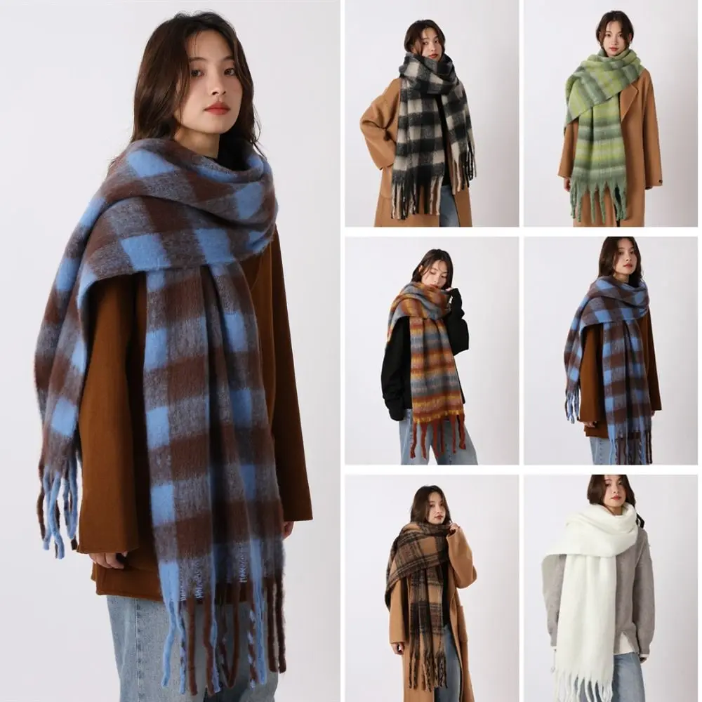 

Элегантный шерстяной шарф из мохера в клетку с бахромой, зимний кашемировый шарф в корейском стиле, утолщенная длинная шаль для студентов