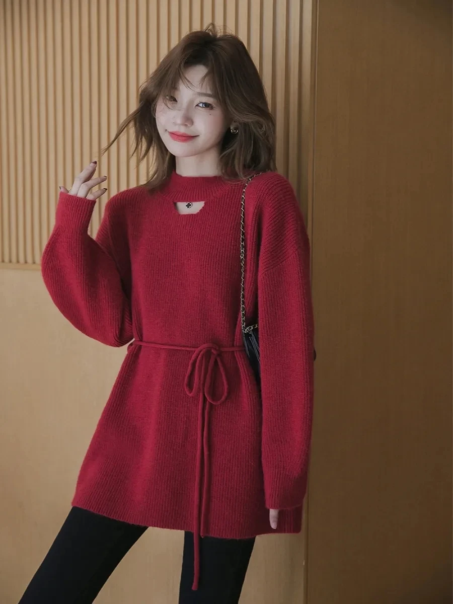 Sweater Women's 2025 Spring/Autumn New Fashionable Age Reducing Hollow Design with Strap Slimming Round Neck Medium Long Style