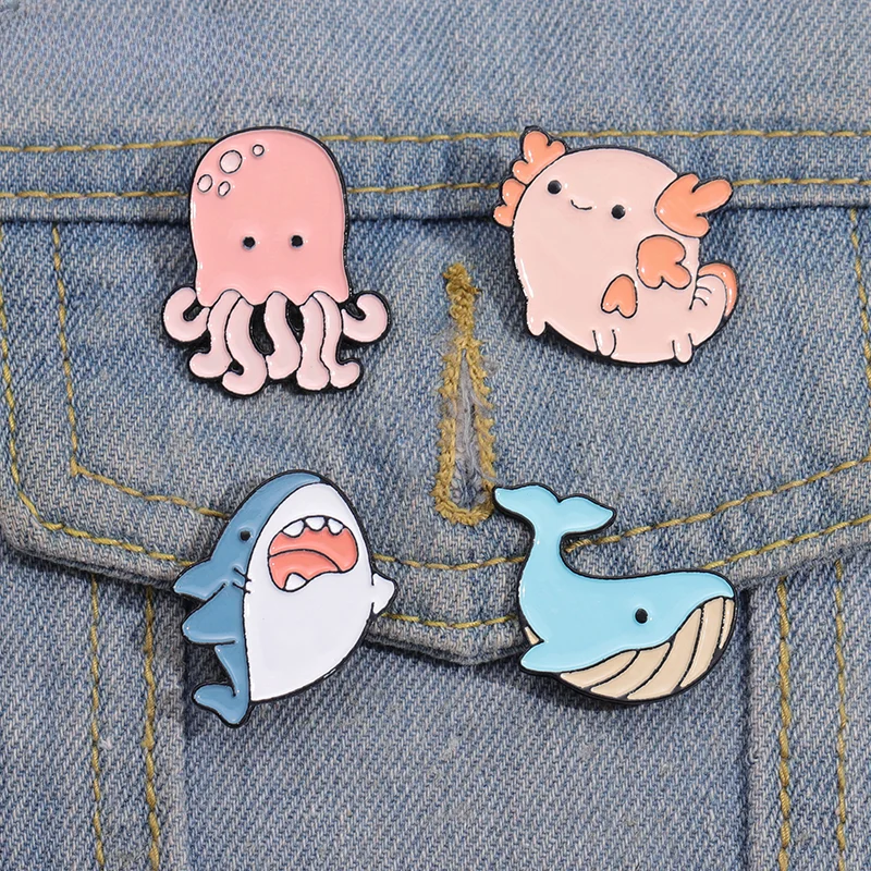 Cartoon Marine Life Enamel Pins Custom Whale Octopus Seahorse Shark Pufferfish Sea Lion Brooches Lapel Badges Jewelry Gifts