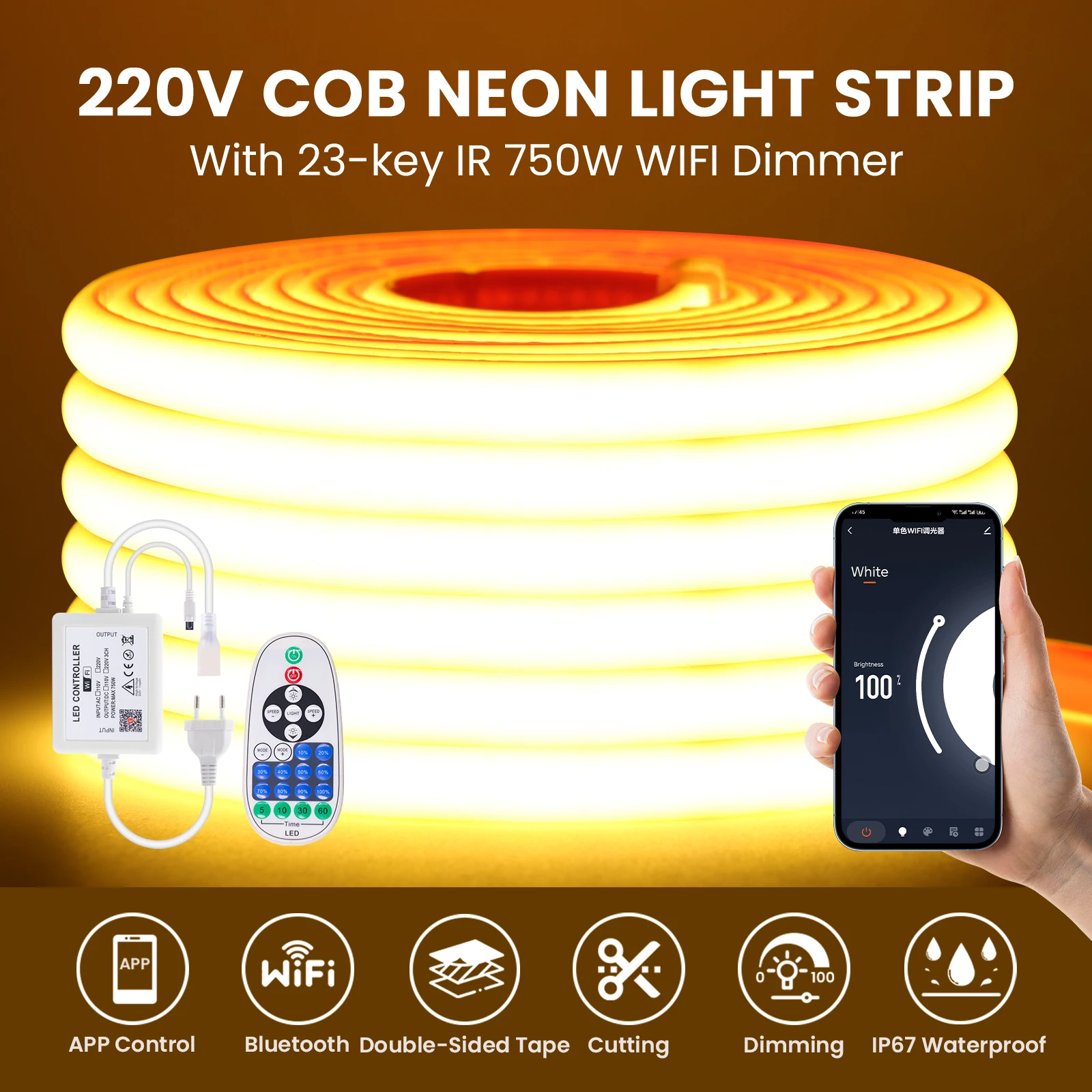 

Dimmable COB LED Strip 220V 288LEDs/m Wifi Remote Control Power Kit Warm Natural White Waterproof Flexible Tape for Home Decor