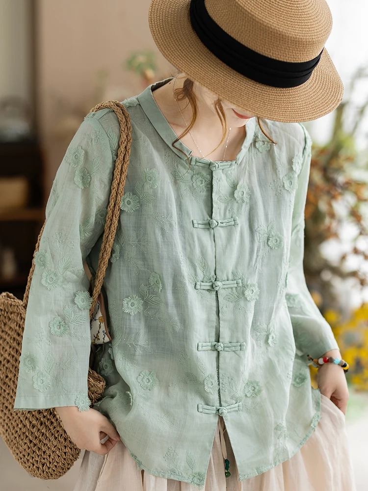 

Kamiyu Women's Embroidered Linen Shirt Stand Collar mid Sleeve Vintage Chinese Style New National Trend Top Elegant Loose Fit