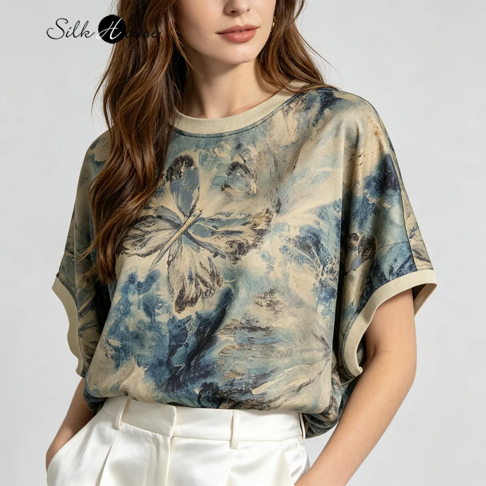 Plus Size Women's Casual Summer New Elegant 100% Natural Mulberry Silk Fragrant Cloud Yarn Loose Round Neck Short Sleeve T-shirt