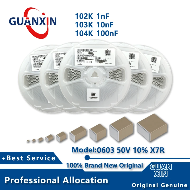 

100pcs MLCC 0603 1nF 10nF 100nF 50V 10% X7R 102K 103K 104K