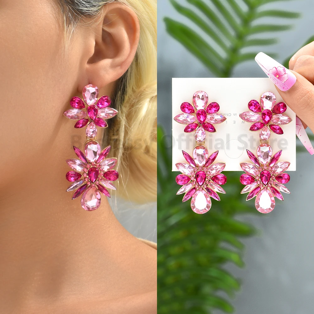 Pink Crystal Flowers Dangle Geometric Earrings For Women Trend 2025 Luxury Design Pendientes Bride Wedding Party Vintage Jewelry