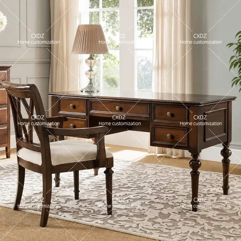 Country Style Full Solid Wood Desk Computer Table Home Office Writing Desk with Chair Walnut Retro Study Workstation