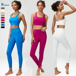 2 Pieces Fitness Yoga Set Women Solid Color Stretch Fabric Sports Suit Sexy Back Bra High Wasit Leggings Female Sportswear