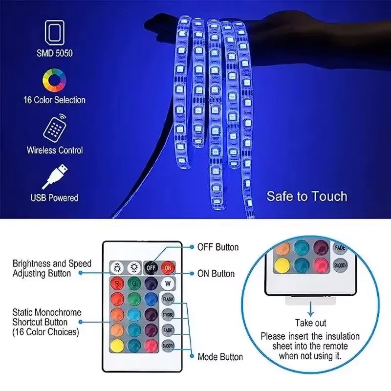 GGbingo LED USB RGB Strip Light z 24 klawiszami Zdalne sterowanie 5M 5050 Elastyczna listwa oświetleniowa do pokoju Salon Impreza Podświetlenie TV