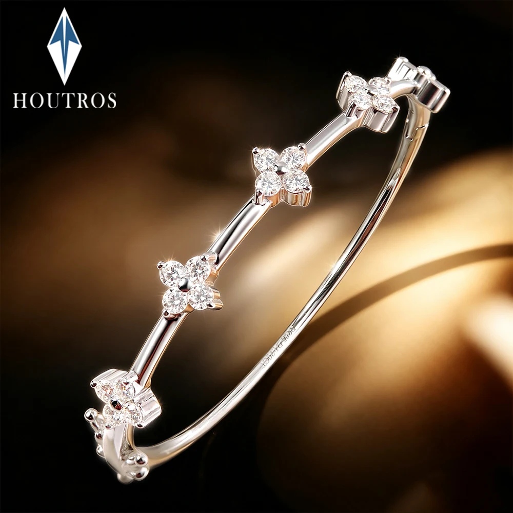 2.5mm Round Cut All Moissanite Bangle 100% 925 Sterling Silver Flower Shape Luxury Bracelet for Women Wedding Party Jewelry Gift