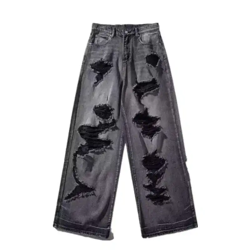 American Style High Street Black Gray Ripped Jeans For Men In Spring And Summer, Rugged And Handsome, Explosive Street, Scraped