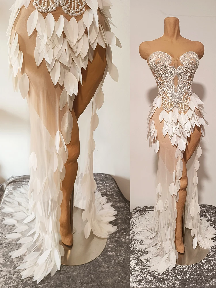 High Split 3d Designer Custom Pearl White Fishtail Dress See Thought Club Outfit Performance Drag Queen Dance Stage Catwalk Show