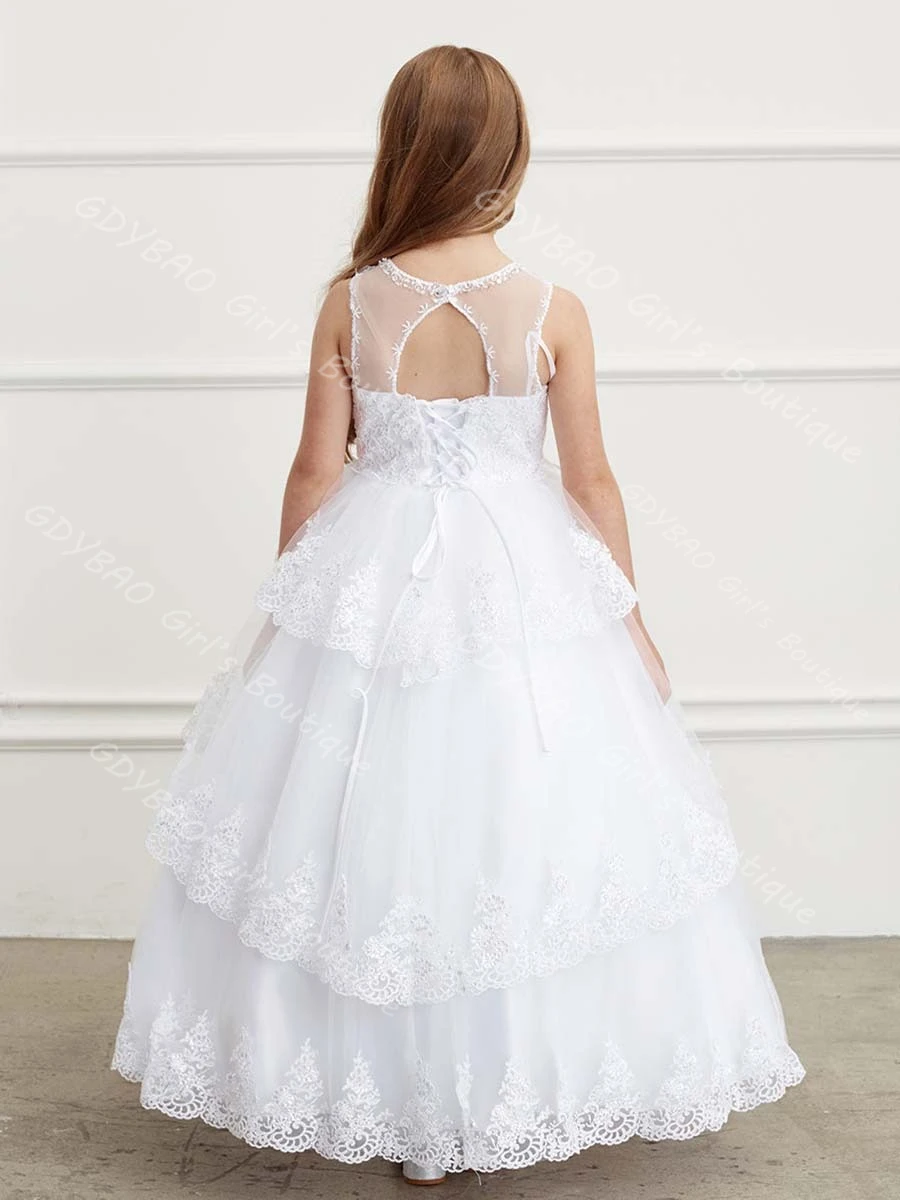 여아용 볼 가운 공주 드레스, 비즈 아플리케 티어드 튤 플라워 걸 드레스, 롱 맞춤 2-14세 어린이 성찬식/연주회 드레스