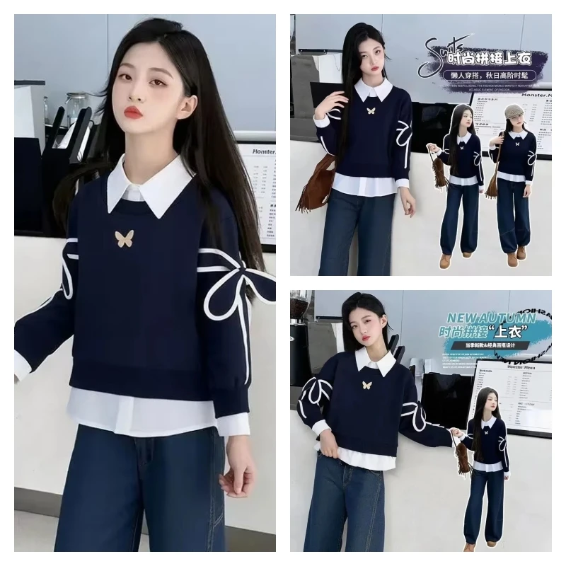 

hot Kawaii Girl Fashion Sweatsuit Student Spring Autumn Casual Cartoon Lapel Splice Base Layer Pullover Tops Children's Clothing