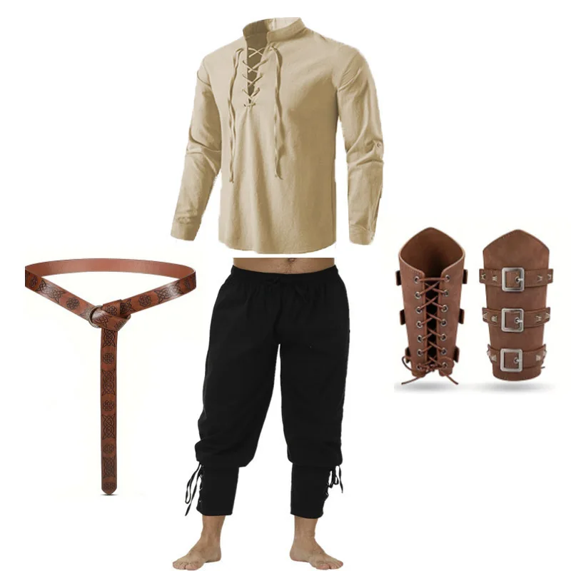 2025New4Set of Halloween Men's Renaissance Suit Medieval Pirate Shirt Ankle Pants