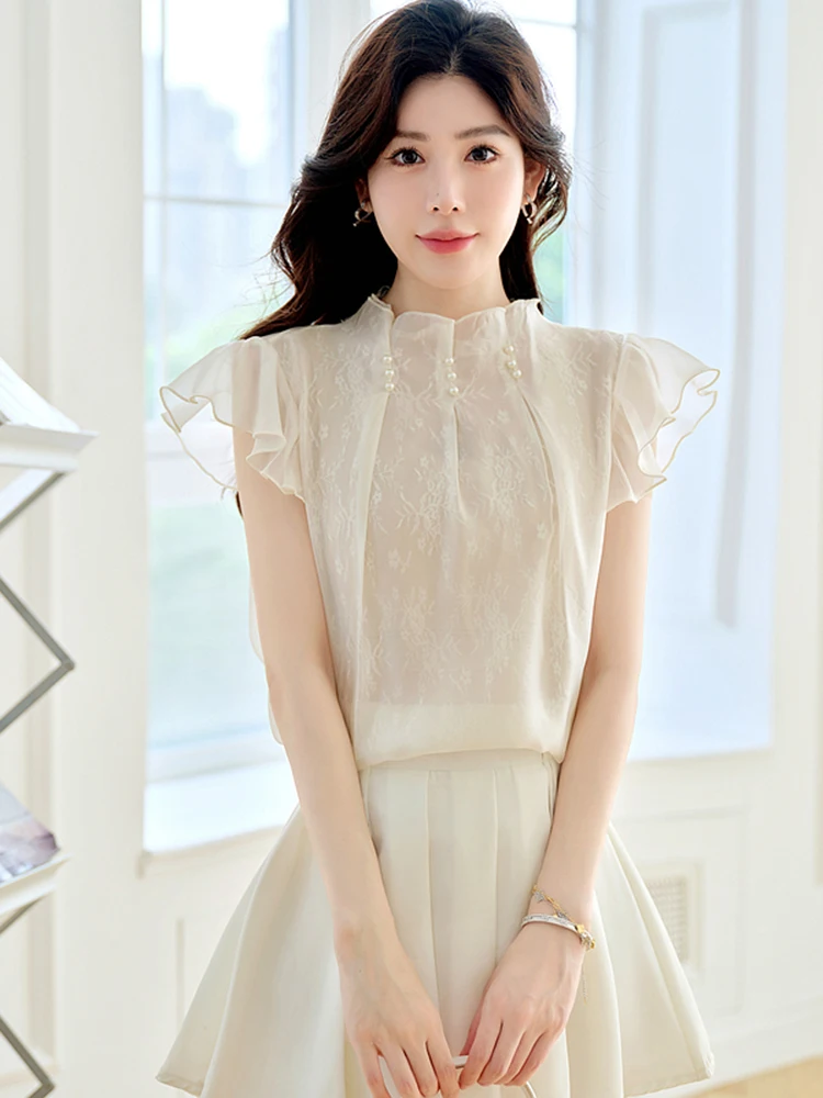 Summer French Temperament Nail Bead Stand Collar Flying Sleeve Chiffon Shirt Women\'s New Fashionable Short Sleeved Top S610