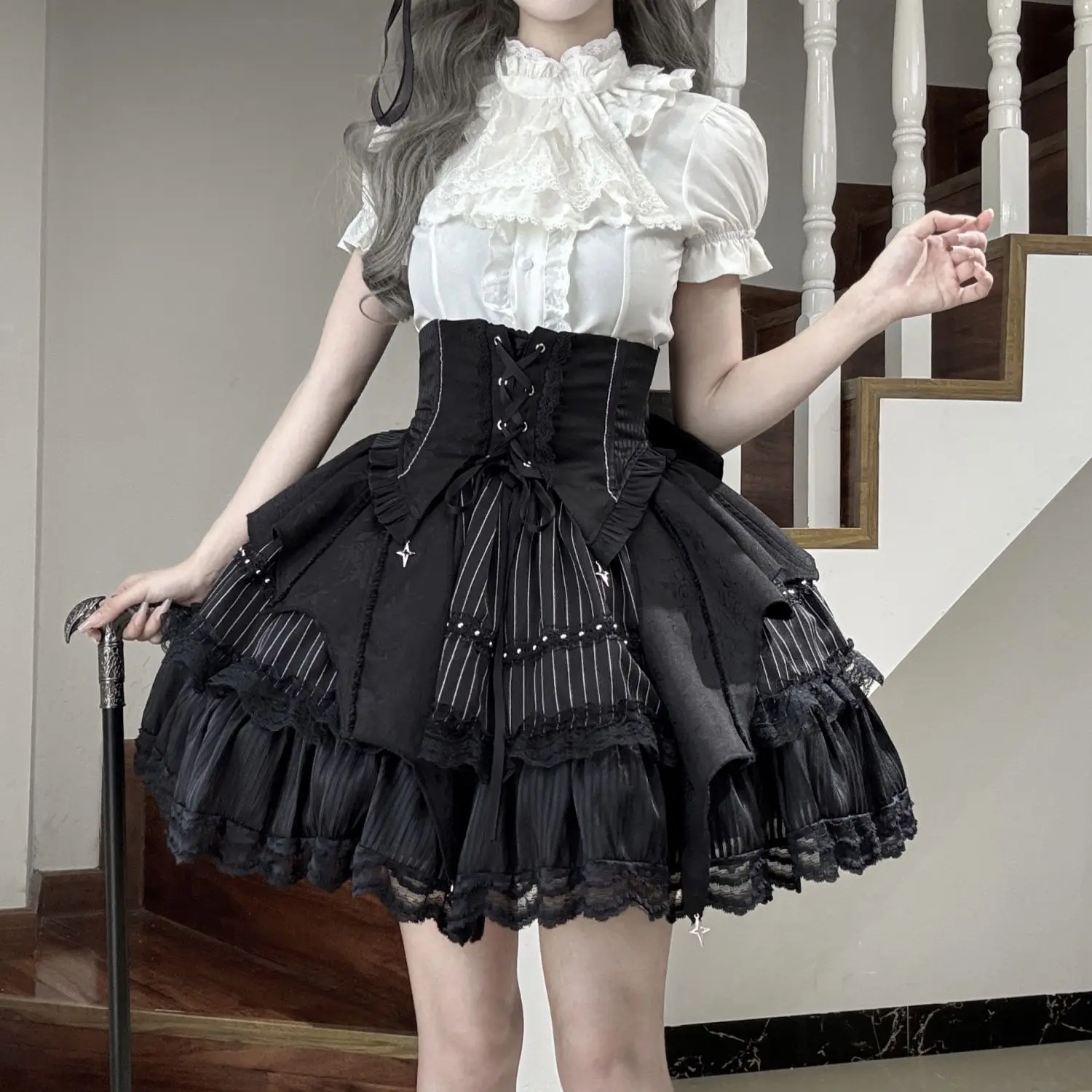 Gothic Black Shirts Women Short Sleeve Japanese Lolita T-shirts 2000s Vintage American Blouse Female Outwear Chic Y2k Crop Tops