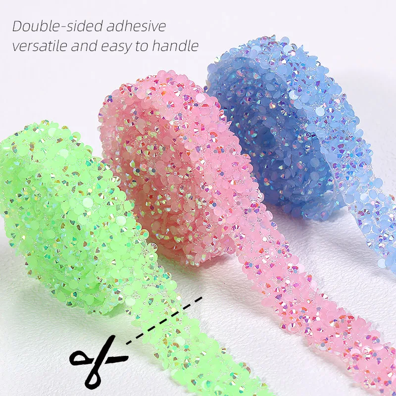 1/2 Yard Pasteable Resin Diamond Ribbon Jelly Color Self Adhesive Stickers Decoration Patches Tear And Stick  Rhinestone Belt