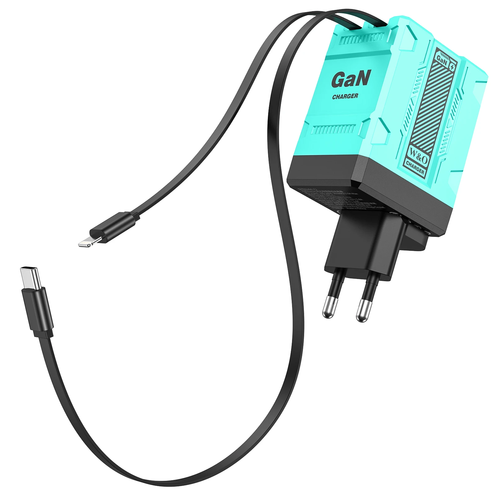 Chargeur GaN 120W avec 2 câbles rétractables intégrés de 80 cm (USB-C/Lightning), chargeur rapide PD QC pour iPhone et tous les appareils Android