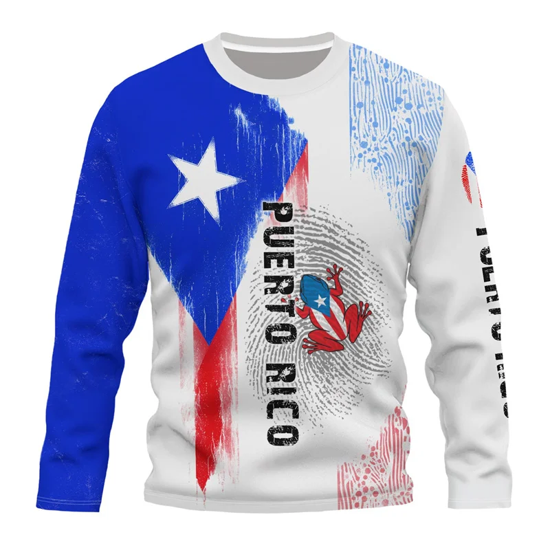 Puerto Rico Flag Graphic T-Shirt For Men 3D Printed Puertorrican Long Sleeve T Shirt Sports Crew Neck Oversized Street Tees