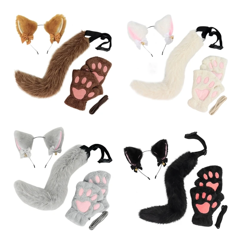 3Pcs Animal Cats Dress up Costume Halloween Cats Costume Includes Plush Ears Headband Tail Gloves for Girl Cosplay