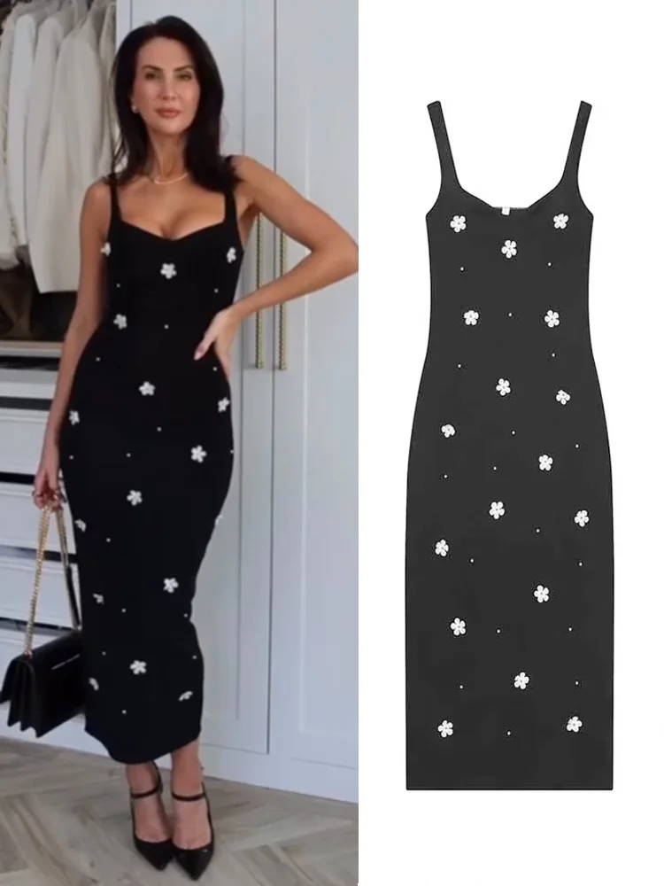 

HH женское весеннее модное сексуальное платье без рукавов с открытой спиной, милое цветочное украшение, эластичное платье средней длины, женское тонкое повседневное платье