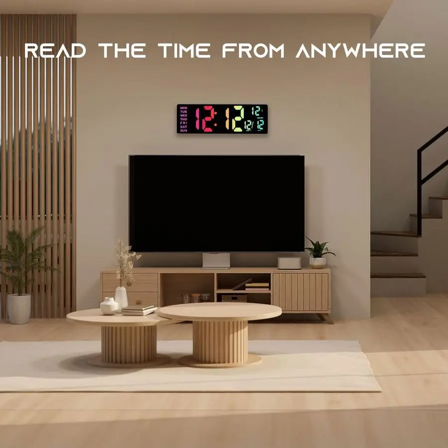 Relógio de Parede Digital Grande de 16,5 Polegadas com Sincronização BT, Luzes RGB com 11 Modos de Cena, Controle Remoto, Alarmes Duplos com Grande Display LED, Au