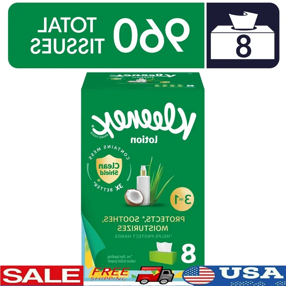 

Lotion Facial Tissues 3-Ply with Coconut Oil Aloe Moisturizing 960 Tissues 8 Flat Boxes Clean Shield Technology Skin Protection