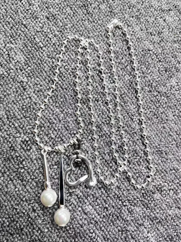 2023 New Fashion Electroplated 925 Silver Color Love Fork Chain Pearl Pendant Necklace Holiday Jewelry Gift