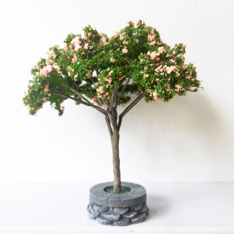 Árbol de flores de cerezo de simulación a escala, árbol de alambre estilo japonés con base, diseño de tren, decoración de casa de muñecas, 12cm