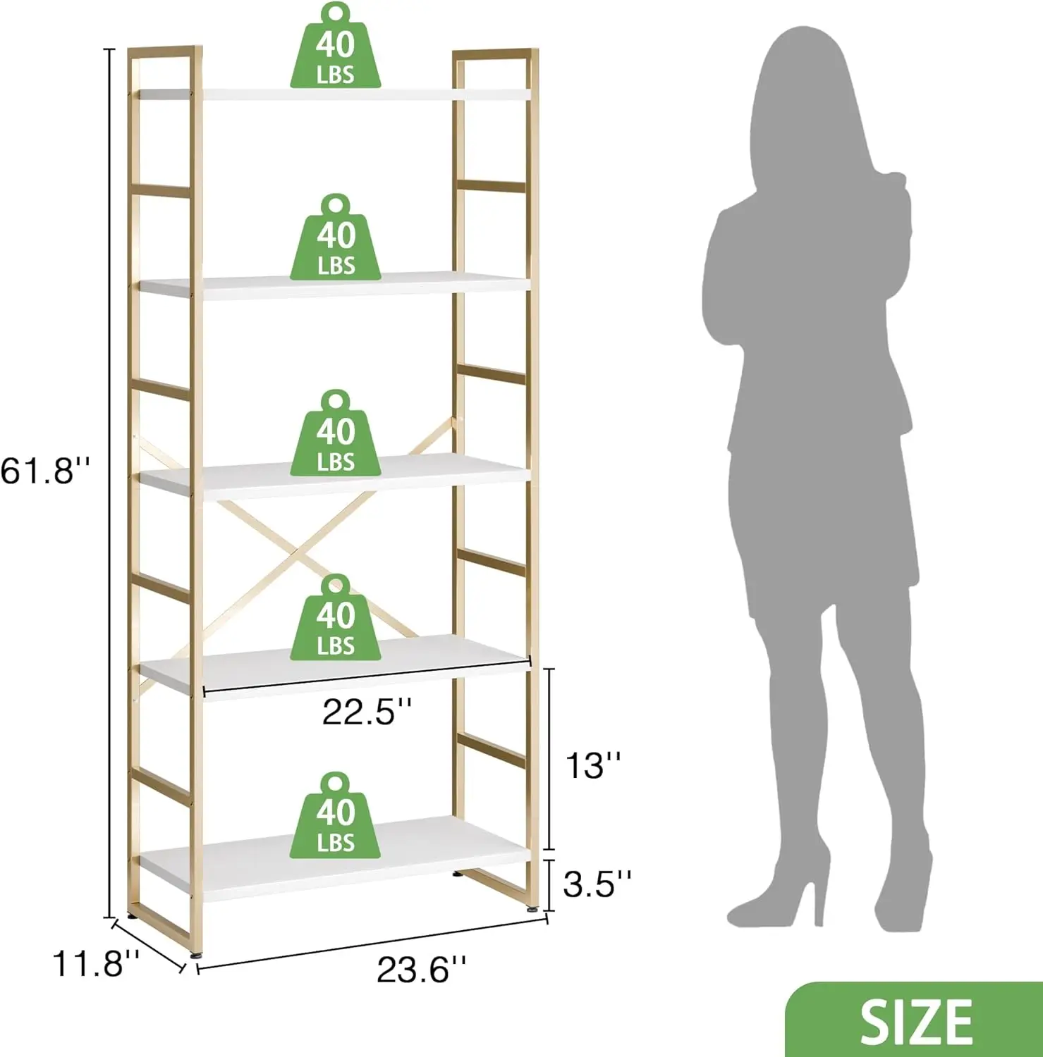 5 Tiers Bookshelf, Tall Wooden Bookcase with Metal Frame, Modern Book Rack, Free Standing Books Holder Organizer,